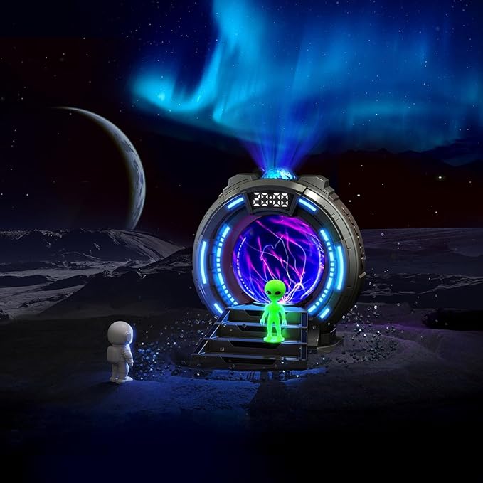 Galaxy Projector with Plasma Ball, 8 Aurora Lights, White Noise Machine, Bluetooth Speaker, Timer Alarm Clock, Remote Controlled Night Light for Bedroom, Kids/Adults, Party
