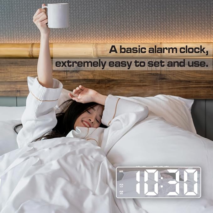 Small Digital Alarm Clock, Mirror Surface LED Electronic Clocks with Large Display, Adjustable Brightness and Snooze Model for Bedroom, Desk, Office, White Digit