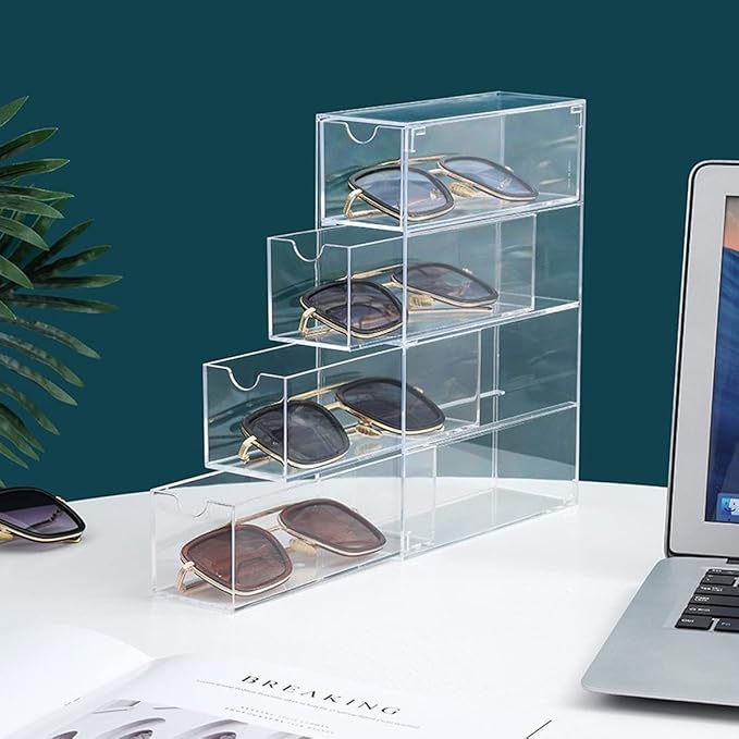 Glasses Storage Box 4 Layers Large Glasses Organizer Box Multifunctional Stackable Display Holder Reusable Acrylic Cosmetics Makeup Organizer Transparent Eyeglasses Organizer for Jewelry Sung