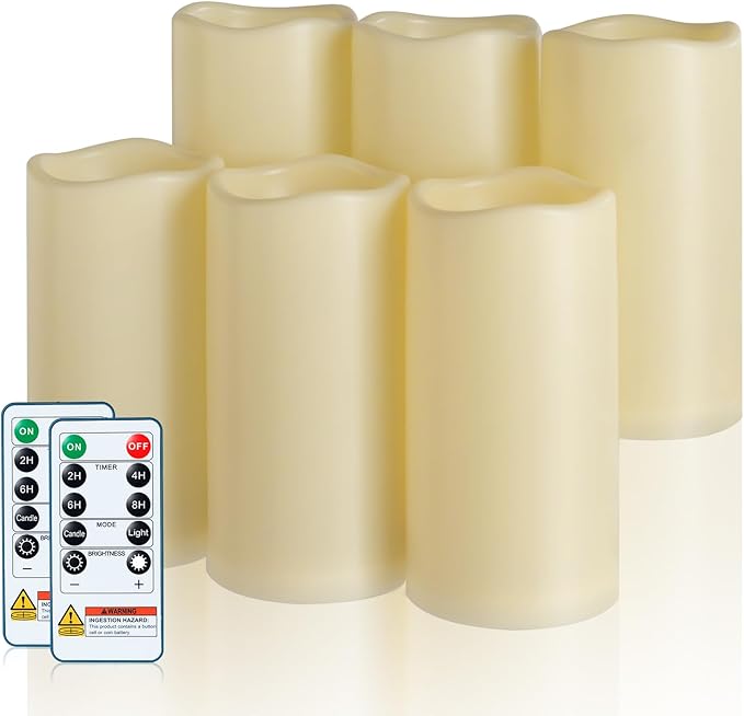 5plots 3" X 6" Outdoor Waterproof Candles, Battery Operated Led Ivory White Flameless Candles with 10-Key Remote & Timer for Indoor Home Lantern Holiday Decor, Set of 6