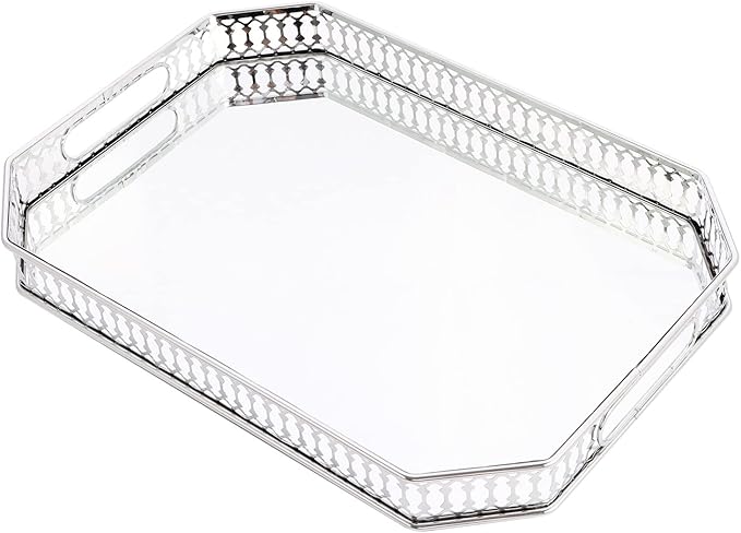 Perfume Vanity Mirror Tray - Durable Decorative Organizer for Dresser, Bedroom, Bathroom Countertops - Spacious 13.8x9.6x2.2 Inches, Scratch-Resistant - Silver