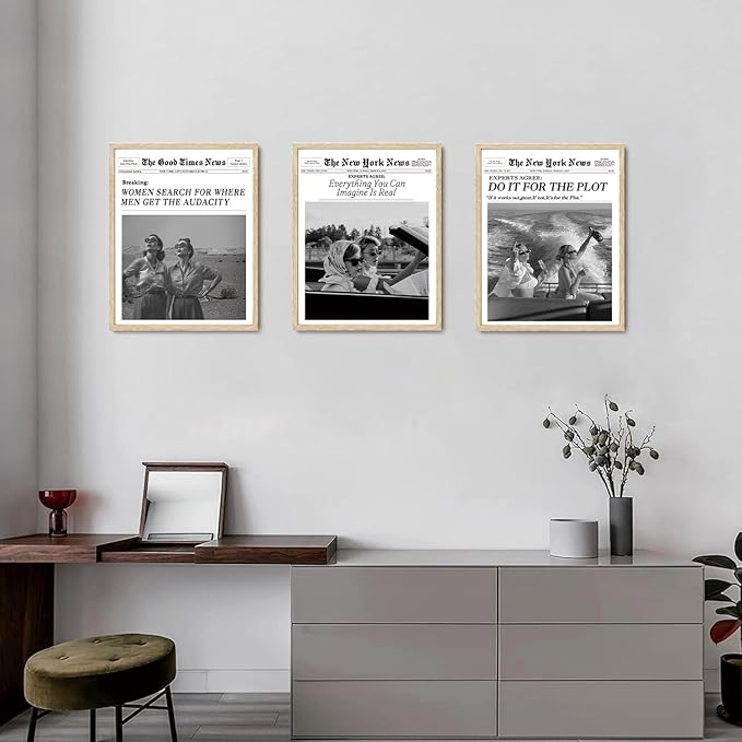 Bwodke OAK Wood Framed Wall Art Everything You Can Imagine Is Real Canvas Art Vintage Newspaper Pictures Wall Decor Hot Girls Prints Trendy Artwork for Girly Dorm Bedroom 12"x16"