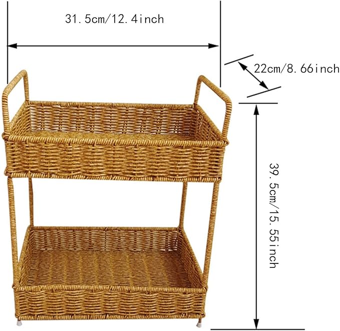 Handmade Woven Basket 2 Tier Storage Rack with Handle, Farmhouse Desk Organizer Shelf for Office Bookshelf Home Umbrellas 12.40x8.66x15.55inch