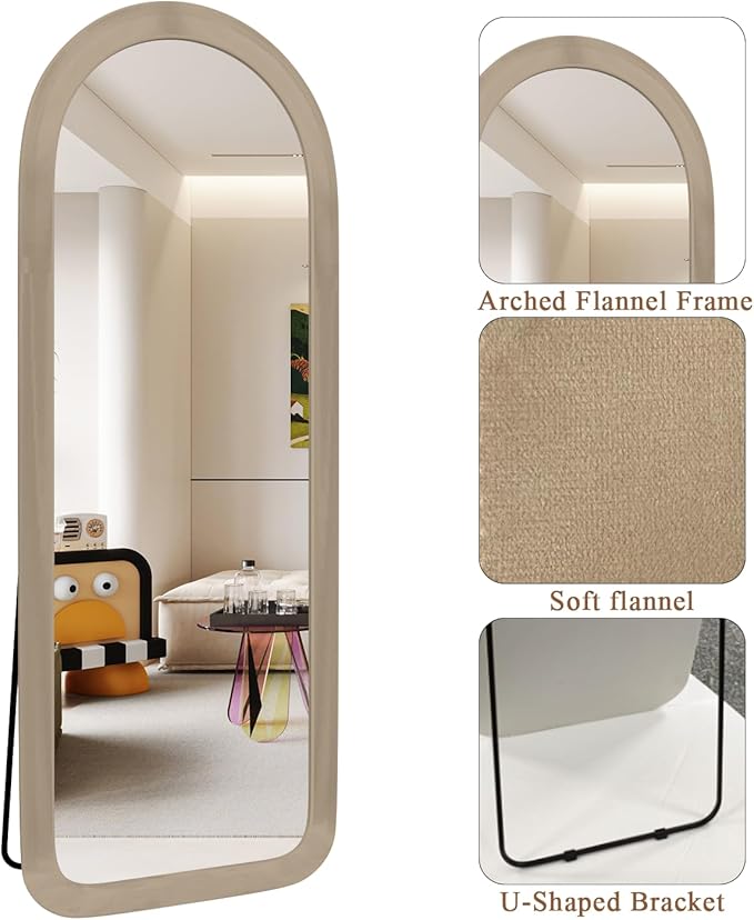 Full Length Mirror 56"x20" Arch Floor Mirror with Stand Arched Full Body Mirror Standing Hanging or Leaning Against Wall for Bedroom Flannel Wrapped Wooden Frame Milk Tea