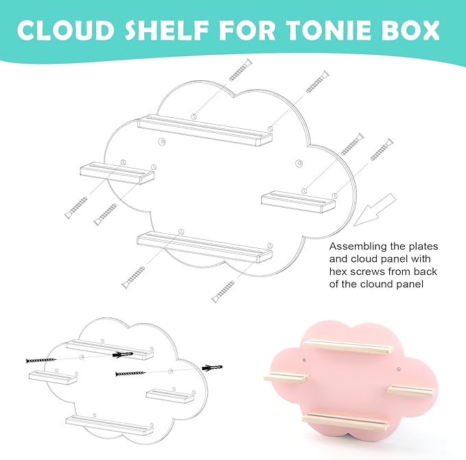 Taladad for TonieBox 2/1 and Tonie Shelf Cloud,Tonies Storage for 12-20 Tonie Figures Characters Magnetic Wall Shelf for Tonies Toniebox, Charging Station (Pink-Without Box Holder)