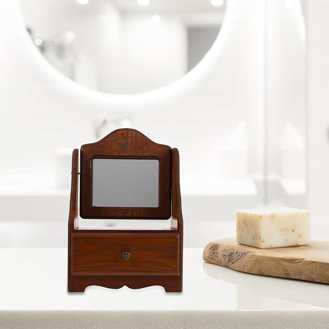 INOOMP Vintage Wooden Makeup Mirror with Drawer, Brown Wood Vanity Organizer for Bedroom Dressing Table, Countertop Cosmetic Storage for Women’s Desktop Vanity