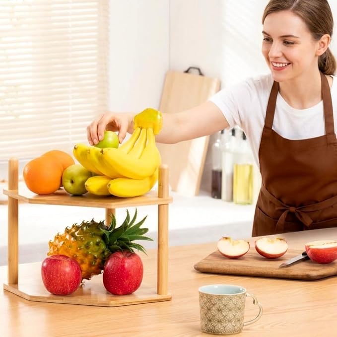 2Pcs 2-Tier Expandable Bamboo Corner Shelf - Dish/Plate Organizer for Cabinet, Kitchen Counter Shelf & Small Kitchen Shelf, Adjustable