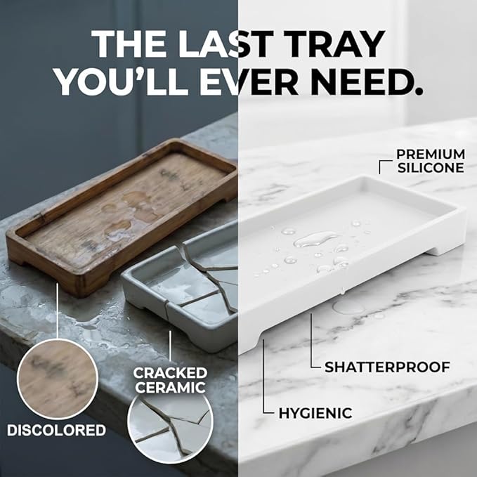 Countertop Vanity Tray - Silicone Bathroom Sink Organizer & Kitchen Soap Tray, Footed Anti-Slip Design, Waterproof Caddy for Perfume, Jewelry, Makeup, Bottle, Oil, Sponge Holder, White (L10 x W 4.2")