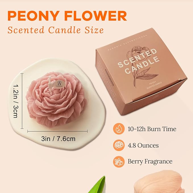 Purple-Pink Peony Flower Shape Candles for Women - Aromatic Pastel Aesthetic Candle with Berry Fragrance - Christmas Gift for Friends Colleagues and Classmates (3 inch)