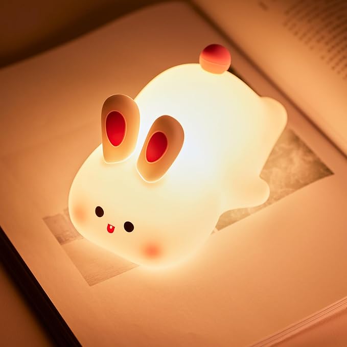 Night Light for Kids, Chubby-Faced Rabbit lamp 3-Level Dimmable USB Rechargeable Lamp with Timer, Soothing Animal Toy for Nursery Bedroom Dorm Decor, Gift for Boys Girls Teens Adults