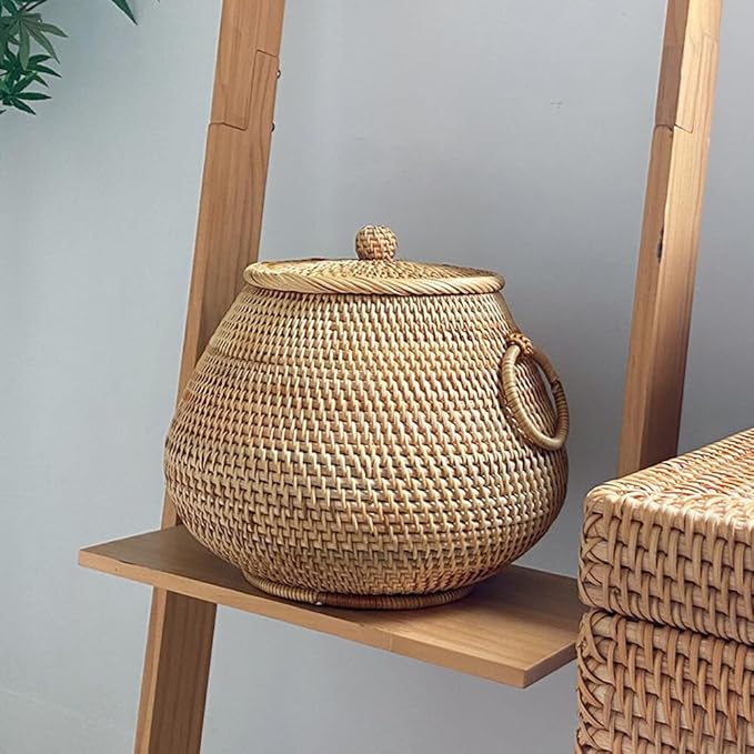 EUBUY Round Rattan Storage Basket with Lid, Hand Woven Rattan Decorative Box for Tea, Fruit, Snacks, Home Desktop Decor