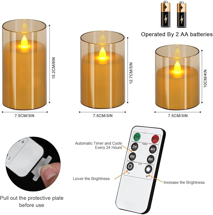 wemarry Flameless Candles 4" 5" 6" Acrylic Glass Pillars 3" Diameter Battery Operated Flickering Candles Include 8-Key Remote with Timer Function 400+ Hours (Gray, Warm Light 9 Pack)