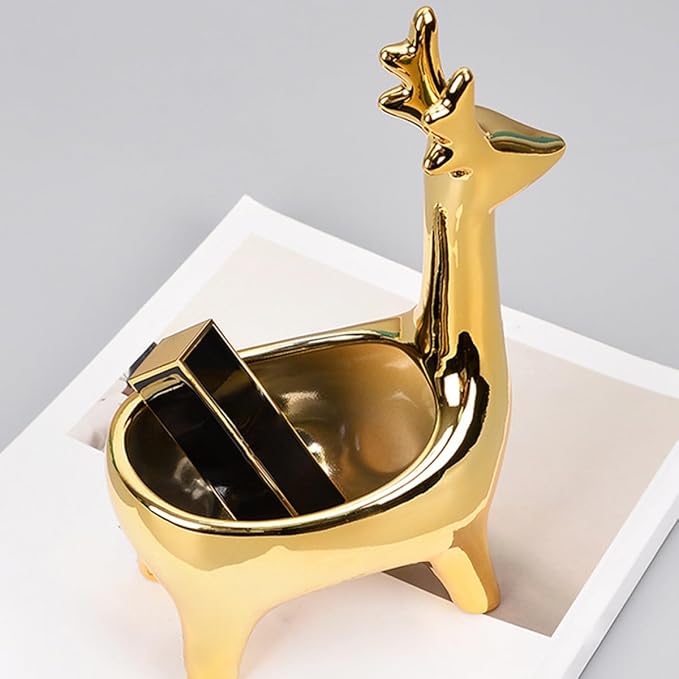 STAHAD Deer Shaped Ceramic Storage Box for Cosmetics and Jewelry, Gold Desktop Organizer Container with Lid, Decorative Holder for Makeup and Small Accessories