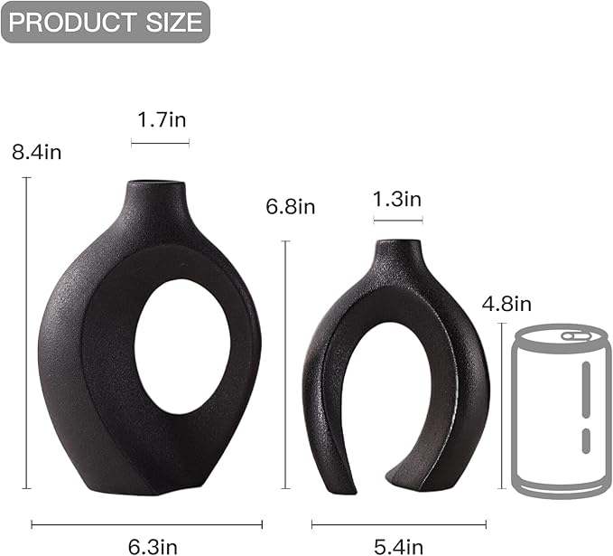 Lvases Snuggle Hollow Modern Ceramic Vase Set of 2, Mid Century Nordic Aesthetic Decorative Vase Decorative Vases for Home Table Decor (Matte Black W 6.3" X H 8.4")