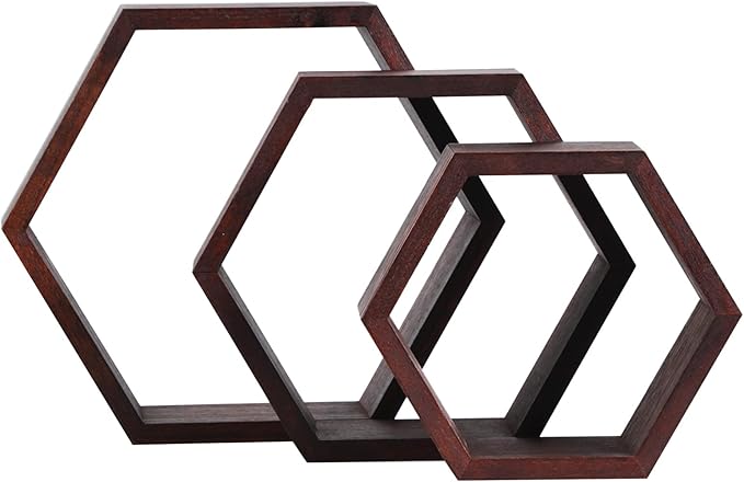 PHOENANCEE Hexagon Floating Shelves,Honeycomb Shelf Set of 3,Wood Farmhouse Hexagonal Decor Wall Storage for Living Room Bedroom Kitchen Office(Walnut)