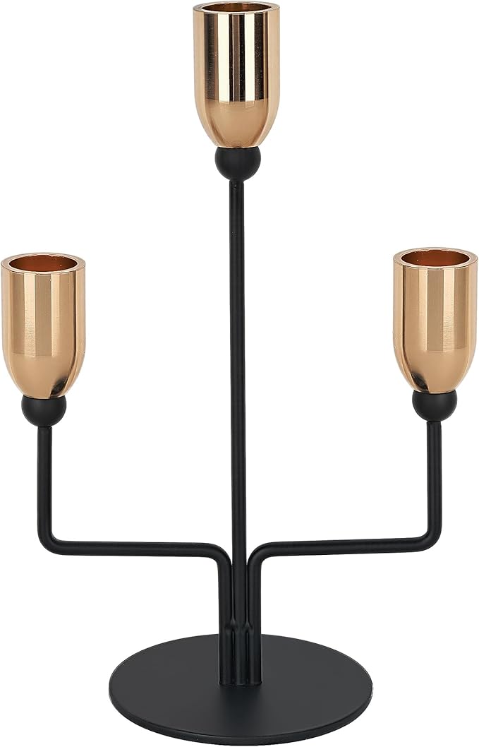 Metal Triple Taper Candle Holder, Modern Gold & Black Candle Holder with Stable Base, Decorative Candle Stand for Home Decor, Wedding, Dining, Party, Anniversary