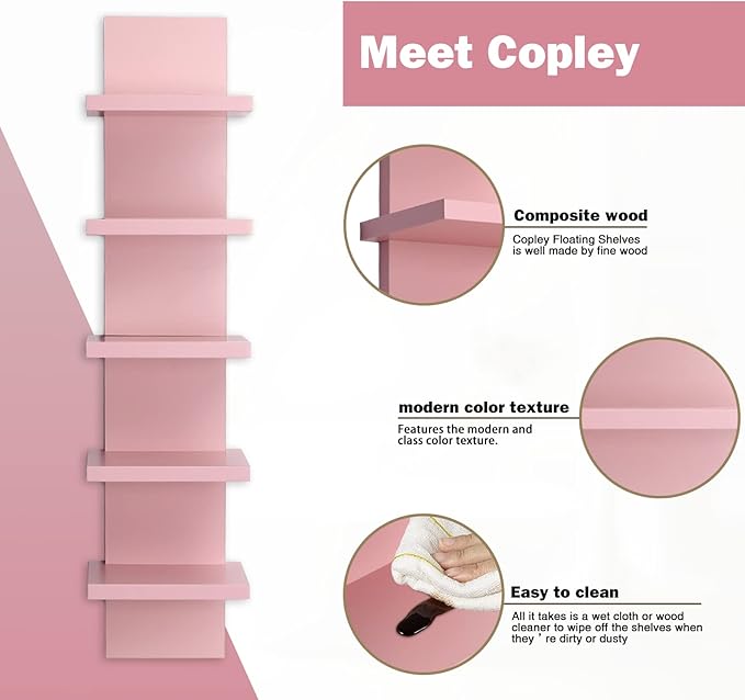 Homaterial 5 Tier Wall Shelf Unit, Decorative Wall Mount Vertical Shelving,Modern Column Floating Shelves for Bedrooms, Living Rooms 5.5" x 7.2" x 31"(Pink)