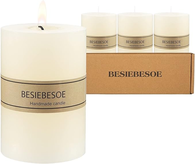 3×4 Ivory Pillar Candles Set of 3 Unscented Handpoured Weddings, Home Decoration, Restaurants, Spa, Church Smokeless Cotton 120 Hour