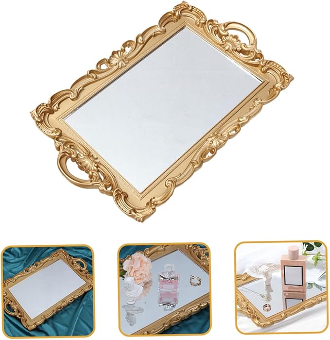 Vintage Mirror Tray and Perfume Vanity Tray for Dresser Tops, Decorative Makeup Organizer Plate with Antique Silver Finish, for Home Décor and Jewelry Display