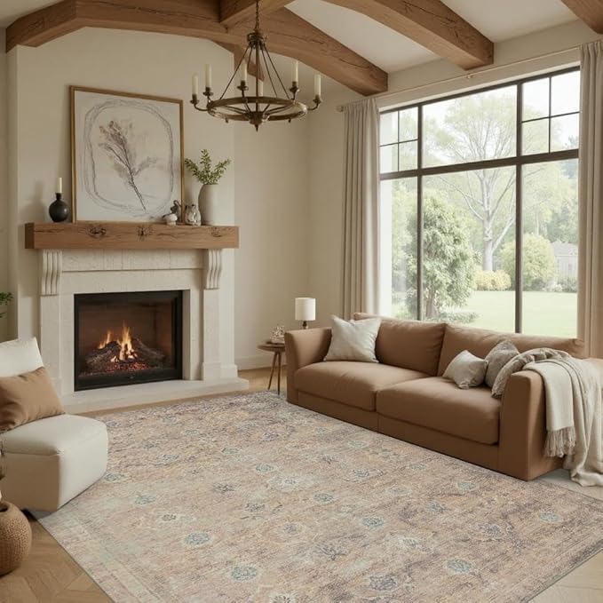 Rugxara Beige Rug 5x7 Neutral Area Rugs for Living Room Bedroom, Washable Vintage Floral Retro Boho Non Slip & Low Pile Carpet for Indoor Dining Room and Kids Room(Beige 5x7ft)