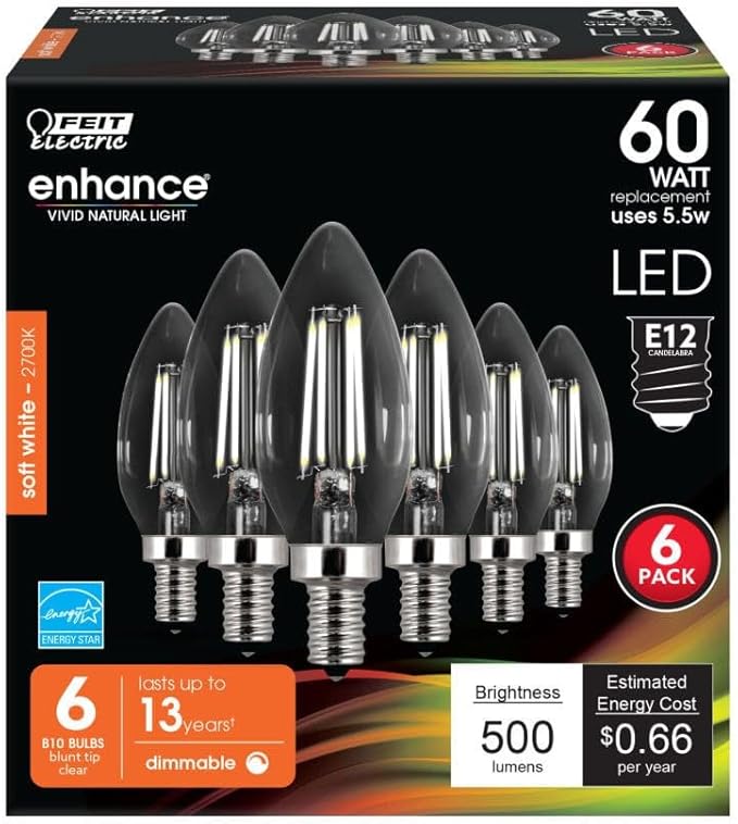 Feit Electric 60W Equivalent Candelabra LED Light Bulb, Dimmable, E12 Base, 2700K Soft White, B10 Filament Torpedo Tip Decorative Lighting Bulbs, 13-Year Lifetime, CTC60/927CA/FIL/6, 6-Pack