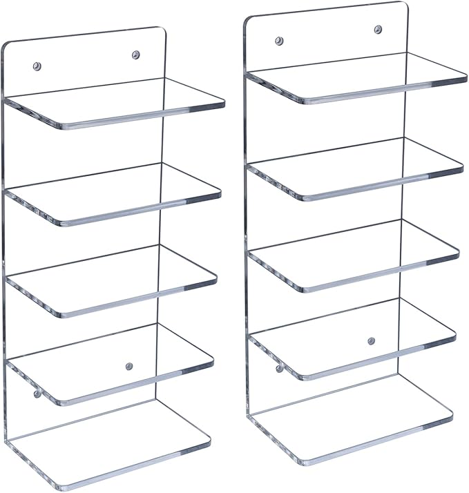 MyGift 5 Tier Clear Acrylic Sunglasses Holder Rack, Wall Mounted Eye Glasses Shelf or Tabletop Display Stand, Retail Eyewear Showcase Storage Organizer, Set of 2