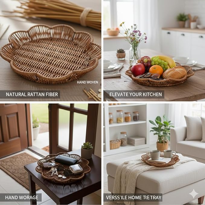 Natural Rattan Flower Shaped Storage Bowl 11" Hand Woven Basket Tray for Bread Fruit Key Round Kitchen Entryway Tabletop Decorative