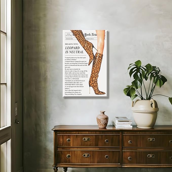 Trendy Newspaper Posters Vintage Leopard Boots Poster Feminist Canvas Prints Retro Fashion Bar Cart Magazine Cover Wall Art for Hot Girl Preppy Y2k Aesthetic Room Home Decor 24x36inch Framed