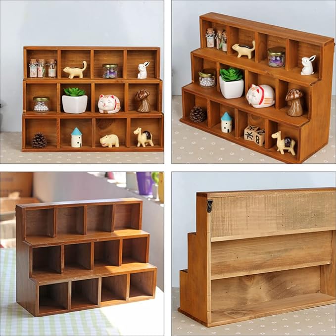 Cabilock Vintage Wooden Stair Storage Cabinet 12 Compartments Multi-Layer Desktop Organizer Shelf for Home D Cor Office Display Case 14.88 X 10.94 X 5.12 Inches