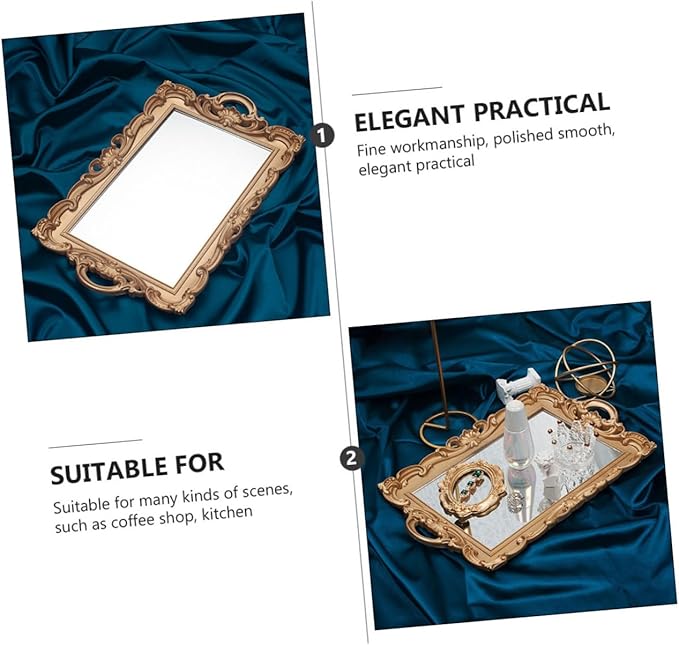 TEHAUX Golden Retro Mirror Makeup Tray Elegant Vanity Organizer for Home Storage and Photo Props Polished Smooth European Style Decorative Tray for Perfume Jewelry Cosmetics Display