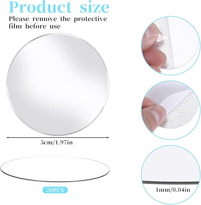 Trinkrittey 20Pcs Mini Acrylic Round Mirror Tiles, Self Adhesive, Silver, Classic Style, Mosaic Tiles for DIY Crafts, Wall Decor, Jewelry Making, 2 Inch