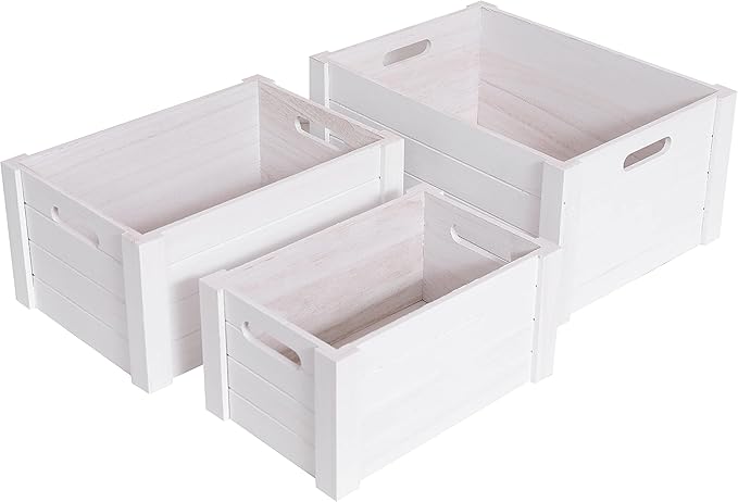 Farmhouse Modern White Wooden Crates For Storage,Rustic Decorative Boxes,Set Of 3 Extra Large Nesting Wooden Storage Crates For Home Decor,Handmade Natural Solid Wood Box (Morden White)