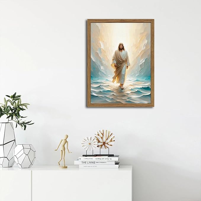Framed 3D Textured Jesus Walking On Water Wall Art, Hand Drawn Sandstone Christian Wall Decor Painting Religious Savior Pictures for Living Prayer Room Bedroom 16x24 in Wood Framed