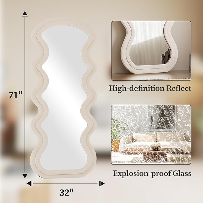 Koonmi 71"x32" Wavy Mirror Full Length, Flannel Floor Mirror, Large Floor Standing Mirror Wall Mounted with Flannel Wrapped Frame for Bedroom & Living Room, White