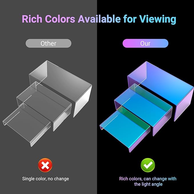 12 PCs Iridscent Risers Display Stands 3 Tiers Desktop Acrylic Shelves Small Cake Dessert Holder Products Stand for Collectibles Shoes Jewels Pop Figure (Iridescent2)