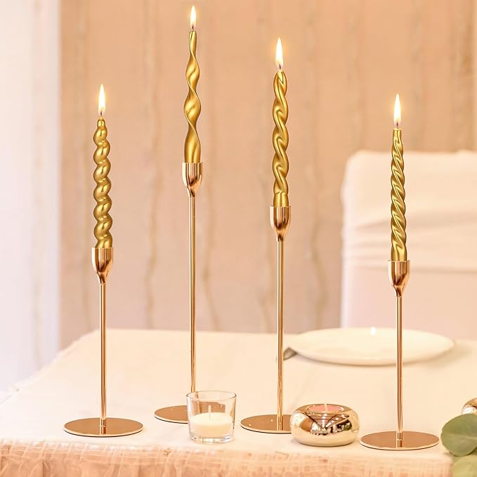 Nuanchu 4 Pcs Twisted Taper Candles Wax Unscented Smokeless Spiral Swirl Candlesticks for Wedding Holiday Dinner Party Home Decorations(7.87 Inch,Pure,Golden)