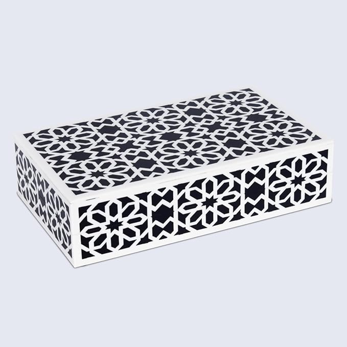 Handicrafts Home Small Decorative Storage Box with Lid, Black White Persian Tile Keepsake Box, Moorish Rosette Trinket Box for Jewelry, Desk Organizer & Coffee Table Decor, Shiraz 8 x 5 x 2