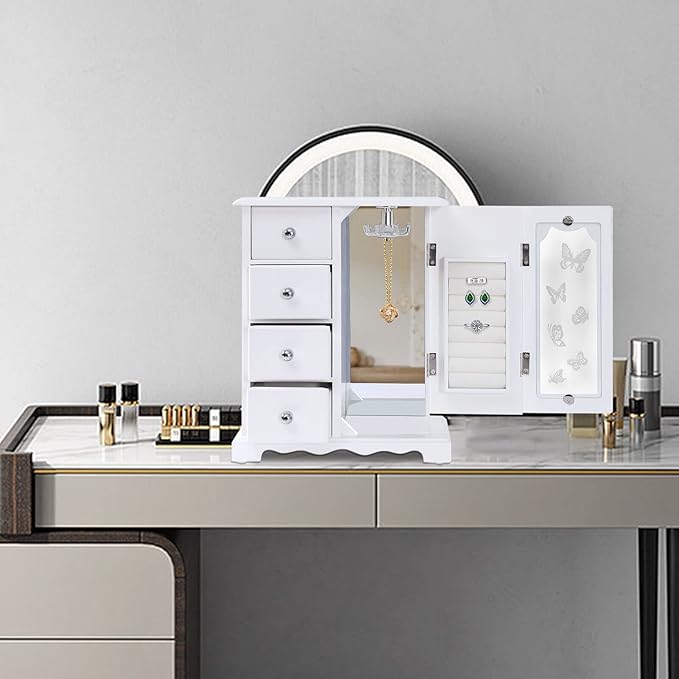 AngelcityCC White Jewelry Box Wooden Makeup and Accessories Organizer Ring Storage with 4 Drawers and Swing Door