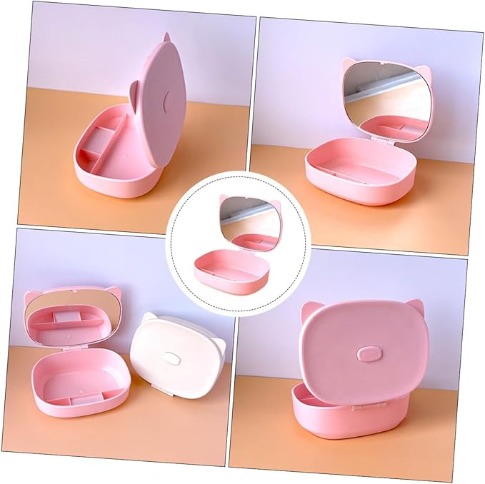 BESPORTBLE Cartoon Cat Ear Jewelry Box with Mirror Cute DIY Makeup Organizer for Boys and Girls Multi-Grid Storage for Earrings and Accessories for Travel and Home Use