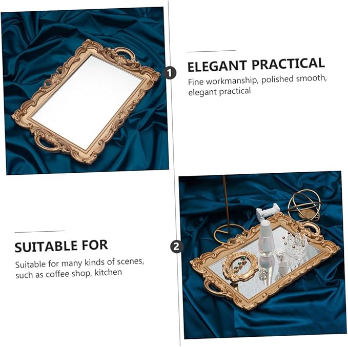 GARVALON Retro Mirror Plate Makeup Tray Gold Rectangular Cosmetic Storage Organizer Decorative European Vintage Perfume Display Tray for Vanity and Photo Props