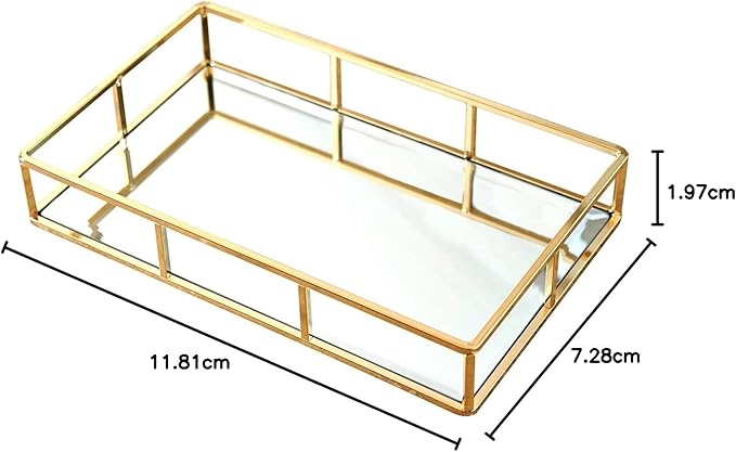 PuTwo Tray Mirror, Gold Dresser Ornate Tray Metal Decorative Tray Jewelry Perfume Organizer Makeup Tray for Vanity, Dresser, Bathroom, Bedroom