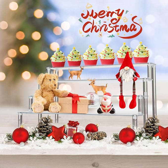 KALYLOC 2Pcs Acrylic Riser Shelf Display Stand, 4 Tier Clear Display Shelf Action Figures Holder, Collectibles Shelf for Toys Cupcakes Dessert Jewels Figurines(15.7x10.5x7.5inch)
