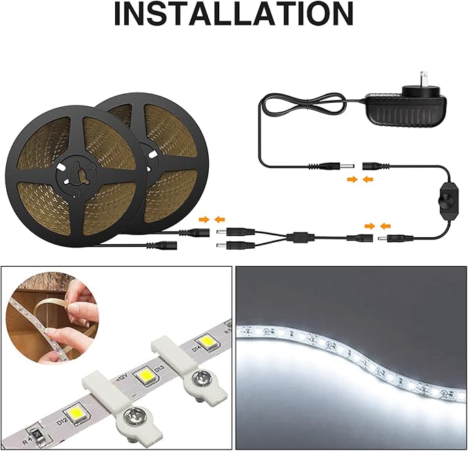 Onforu LED Strip Lighting Bright White, 65.6ft 6000K Dimmable Daylight White Tape Light, Flexible 12V Adhesive Ribbon Easter Rope Light, for Kitchen, Under Cabinet, Bedroom