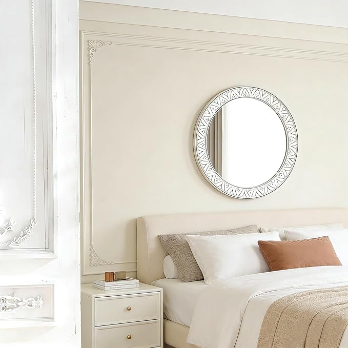 20" Rustic Distressed Wooden Round Mirror Wall Mounted for Bathroom Bedroom Living Room