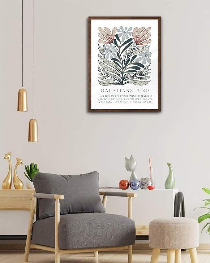 EcoHest Bible Verse Floral Framed Wall Art, 12x16 in Walnut Color OAK Wood Boho Abstract Flowers Canvas Wall Art, Galatians 2:20 Home Decor, Beige Logs Boho Christian Set of 1 for Bedroom Living Room
