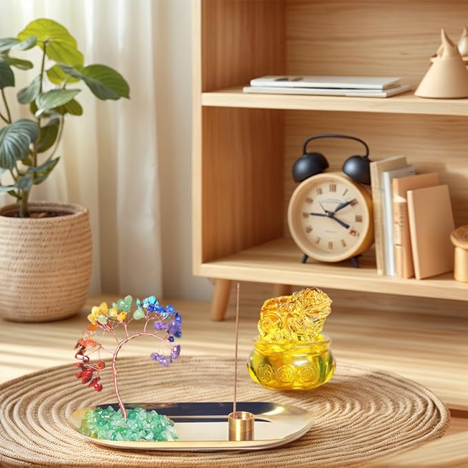 Feng Shui Crystal Tree Incense Burner Holder, Lucky Pi Xiu Treasure Basin, Healing Crystals Tree of Life Incense Tray Money Ideal Adornment for Attracting Wealth, Yoga Meditation Decor - Yellow