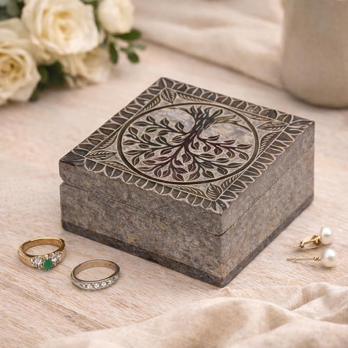 Hand Carved Marble Soapstone Square Shape Jewellery Box | Storage Organizer | Decorative Trinket Ornament Holder. (Multicolor, Length 4 Inch x Width 4 Inch x Height 2 Inch)