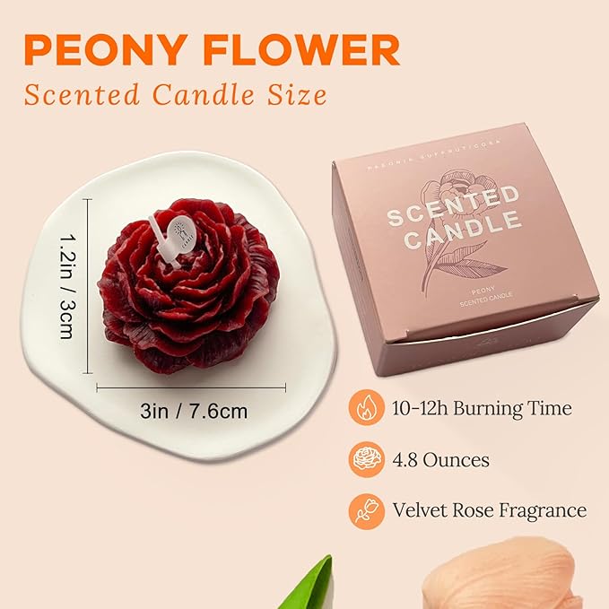 Burgundy Peony Flower Shape Candles for Women Friends Colleague Classmates Gift, 3 Inch Pastel Aesthetic Scented Candle