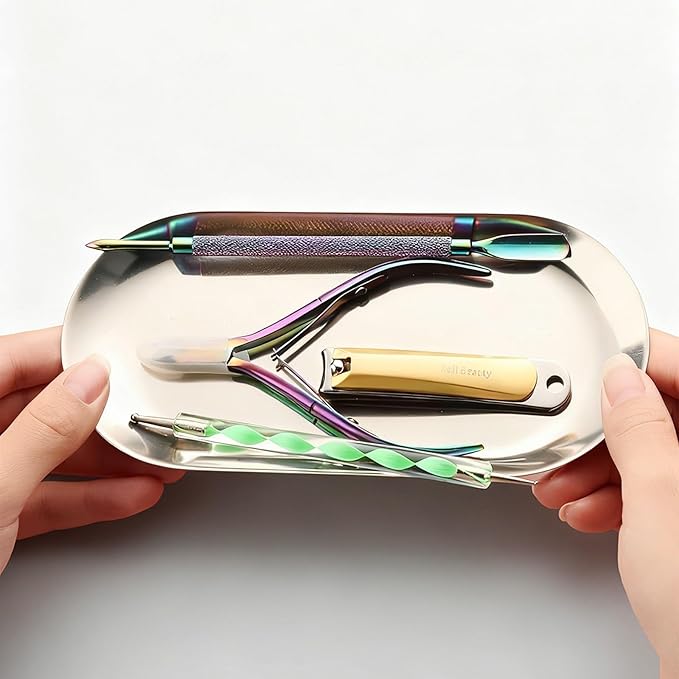 SUTOKAKA 2 Pack Stainless Steel Silver Decorative Tray, Small Oval Perfume Jewelry Candle Dish, Dinner Macarons Dessert Plate for Home Entry Decor Bathroom Kitchen Storage