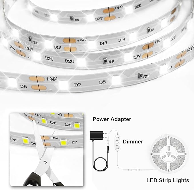 VOLIVO White LED Strip Lights, 16.4ft Dimmable LED Lights Strip 6500K Bright Daylight White, Strong Adhesive, Flexible Tape Light for Mirror, Kitchen Cabinets, Bedroom